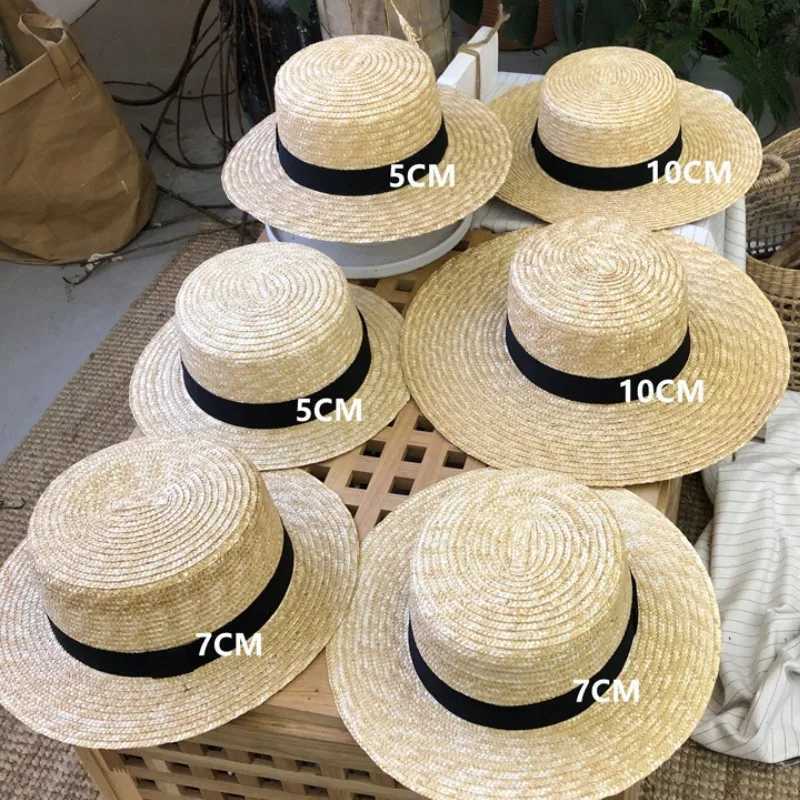 Summer Black White Ribbon Beach Sun Hats Women Men 5/7/10cm Wide Brim Uv Protection Str Hat Female Round Flat Top Panama CsXJ250304