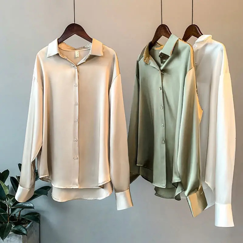 Vintage Women Ribbon Satin Blouse Tops Autumn Spring Turn Down Collar Long Sleeve Button Loose OL Shirts GGFS2 250303