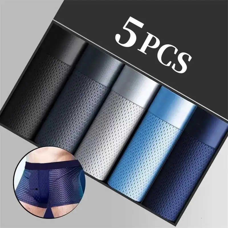 5PcsMens Underwear Mens Panties Sexy Boxer Mesh Breathable Solid Color Briefs Thin Boxer Comfort Boxer Bamboo Hole Large Size 250303