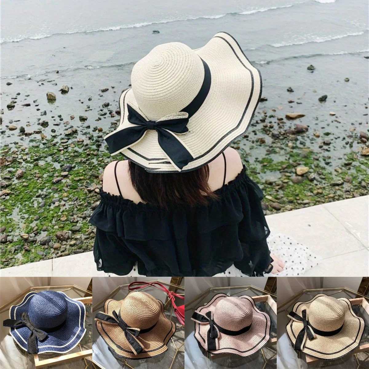 Big Brim Wave Black Edge Bow Solid Bucket Hat Str C Womens Beach Hat Seaside Sunshine C Cover Travel Holiday Sun HatXJ250304