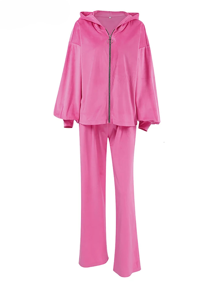 Knitwear Sweatsuits Women Street Style Zipper Hooded Sweater Wide Legs Pants Two Pieces Sporty Outfits
