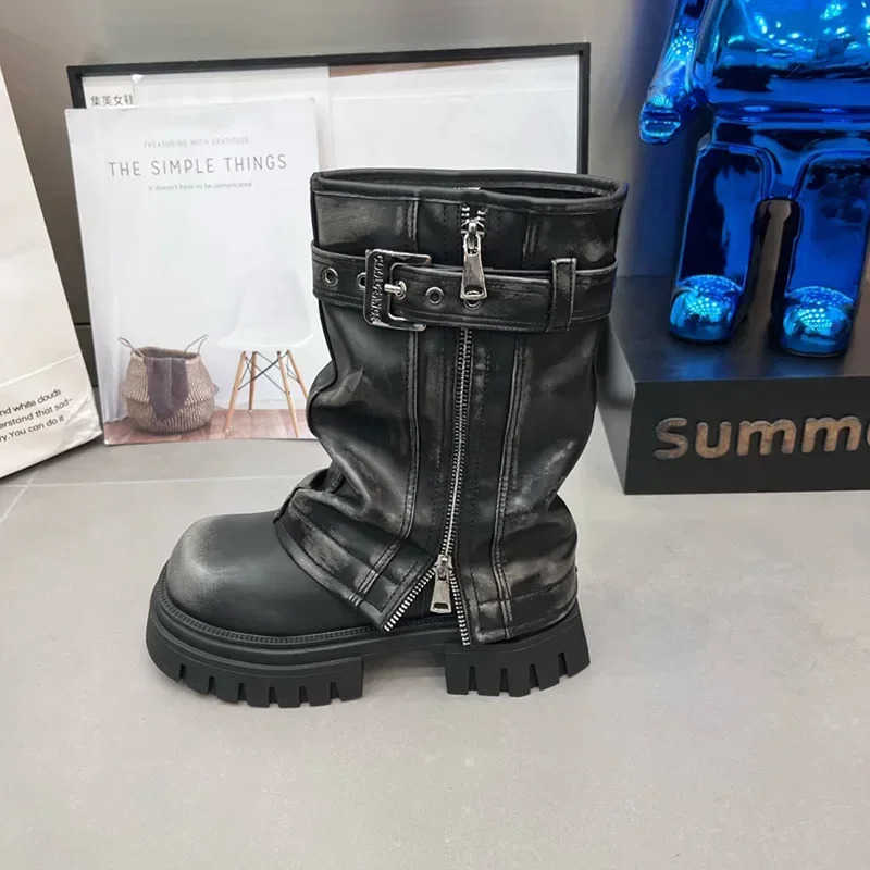 Winter Wen Biker Boots Fion Belt Buckle Ladies Elegant Platform Flats Mid Calf Booties Casual Wens Knight Booties Z250304