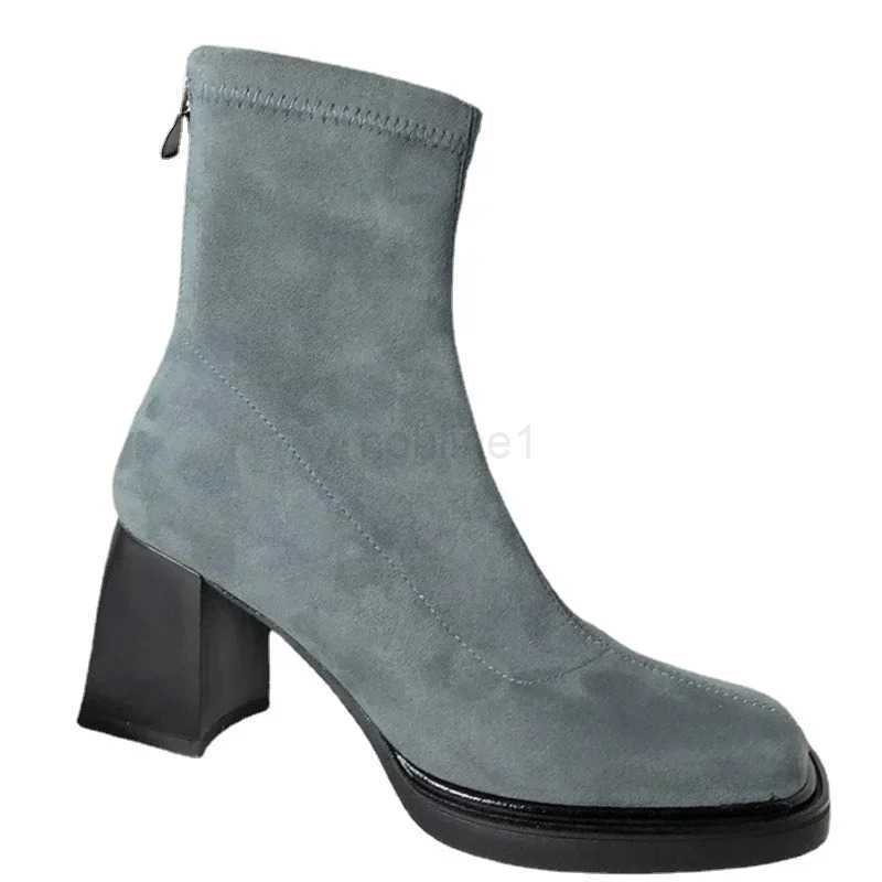 Wen Cowboy Ankle Boots Wan Winter Square Toe Chunky H Elastic Boots Fem Back Zipper Ankle Boots Botas Mujer Z250304