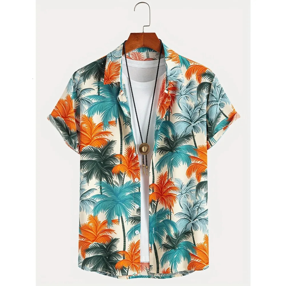 Tropical Coconut Tree Pattern Mens Short Sleeve Button Down Lapel Shirt for Summer Resort Holiday Hawaiian Style Oversized Tops 250227