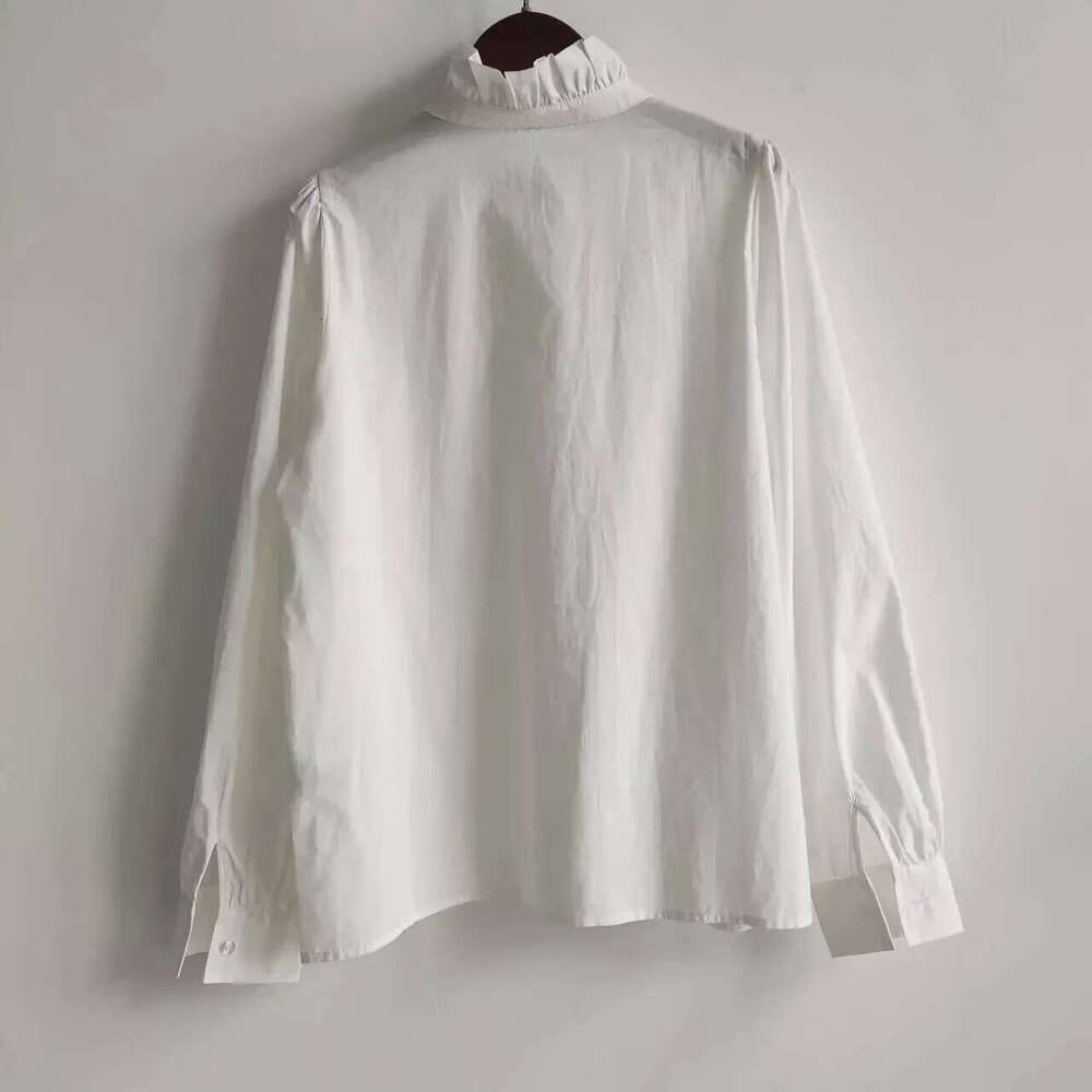 2025 Spring New Sweet Lady Style Stand Collar Ruffled White Hollow Lace Long Sleeve Women Shirt