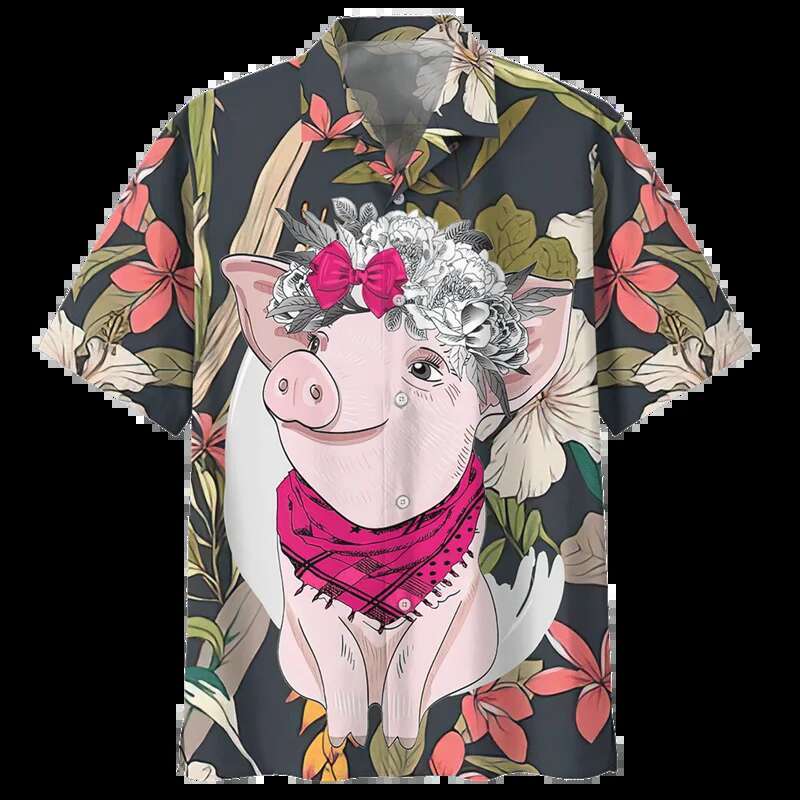 Cartoon Pig Pattern Hawaiian Men's Designer Shirt 3D Printed Animal Short Sleeved Summer New Item Collar Oversized Shirt Street Button Shirt Beac