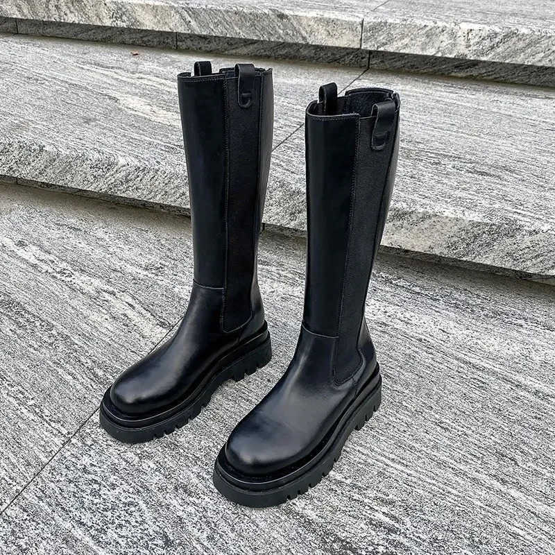 Ladies Shoes 2024 Knee-High Wens Boots Platform Modern Boots Wen Sewing Round Toe Back Zip Med Heel Shoes Fem Zapatos Z250304