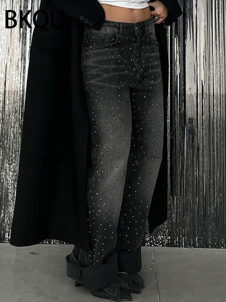 BKQU Low Waist Wide Leg Womens Jeans American Black Rhinestone Baggy Denim Long Pants Female Oversized BF Style Trousers 250228