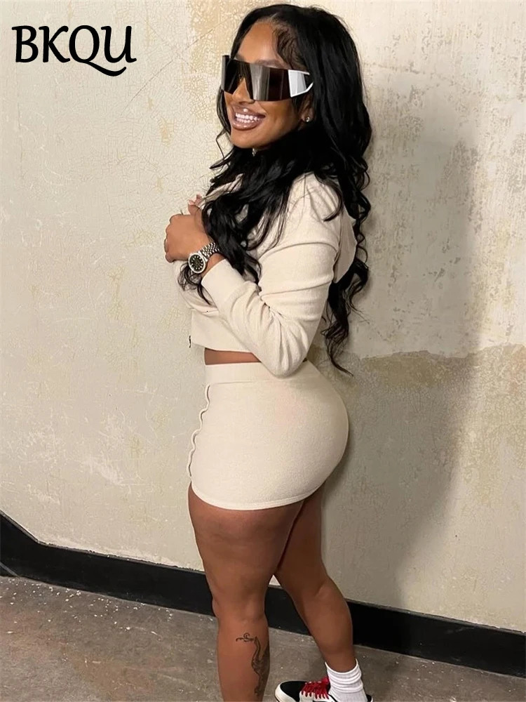 BKQU Casual Hoodie 2 Piece Women Skirt Sets Autumn Fashion Crop Zipper Jacket And Hip Wrap Mini Skirt Matching Tracksuit Outfits 250303
