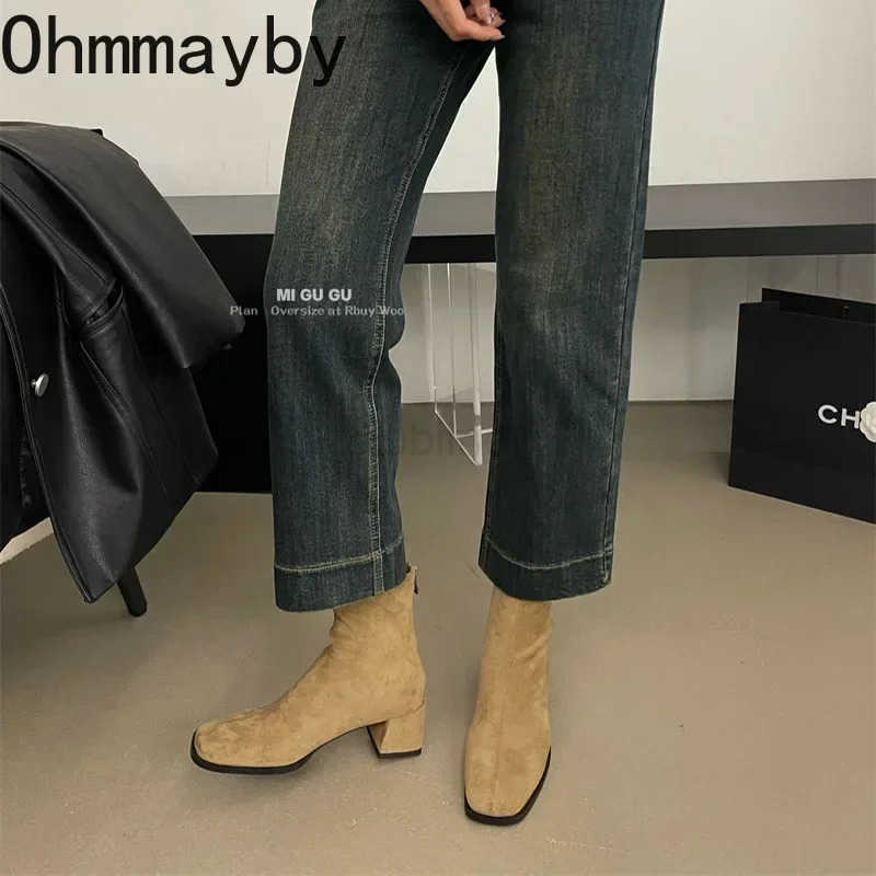 Autumn Winter Fleeces Wen Sock Ankle Boots Fion Square Heel Ladies Elegant Keep Warm Short Booties Wens Footwear Z250304