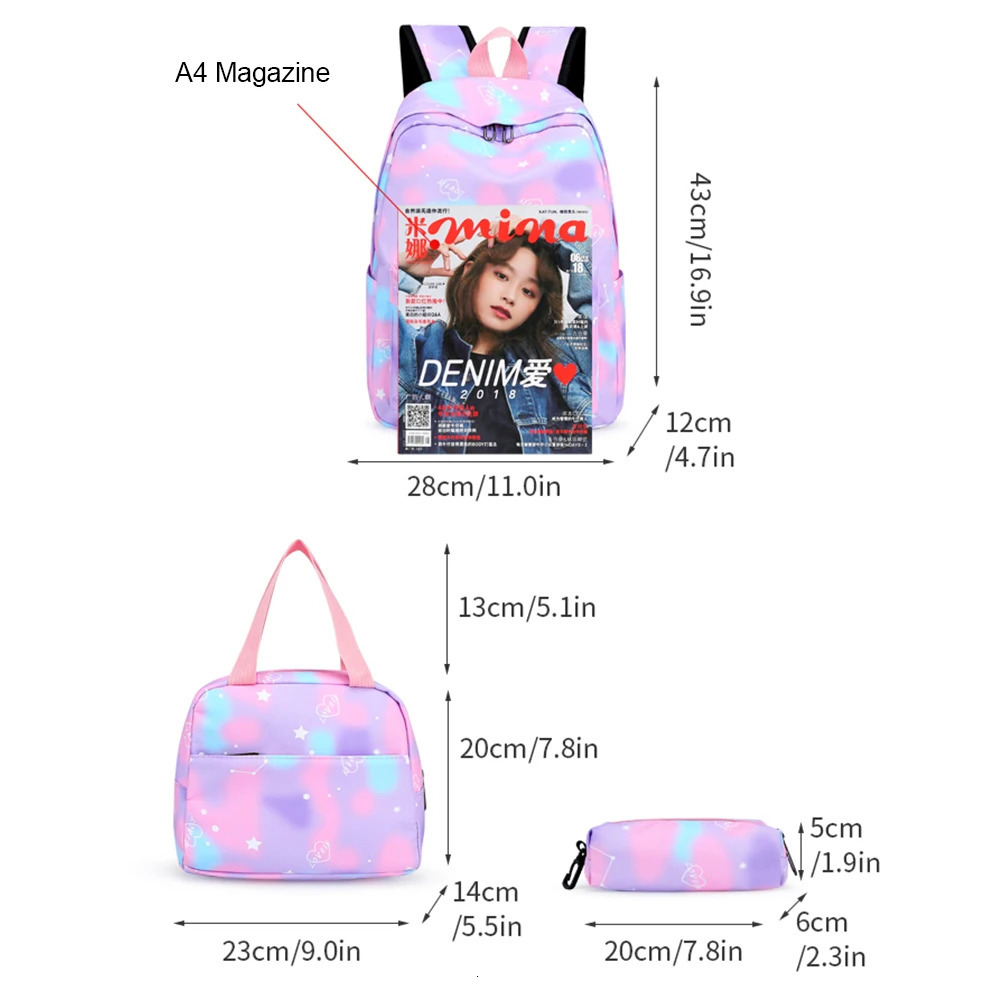 Ship from US 3pcsset Teenage Backpack School Bag Adjustable Strap Fashion Travel Waterproof Back Rucksack for Kid Child 250304FBB