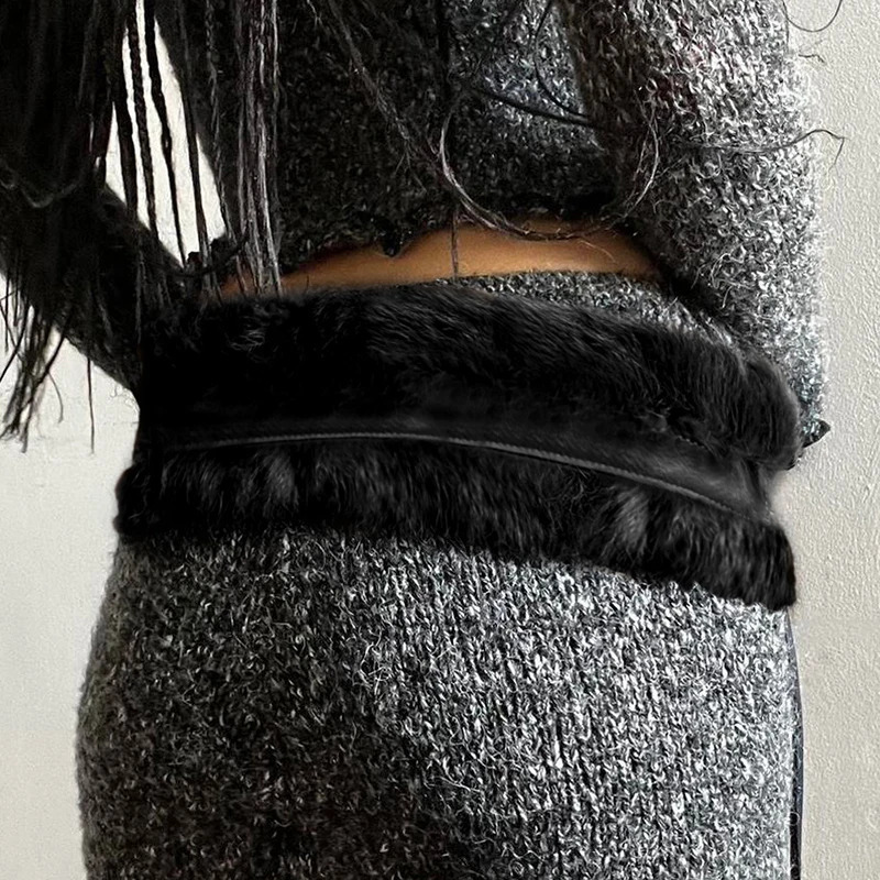 SUCHCUTE Faux Fur Patchwork Pu Leather Belt Vintage 2000s Fashion Accessories Womens Outdoor Skirts Decorative Winter Waistband 250227