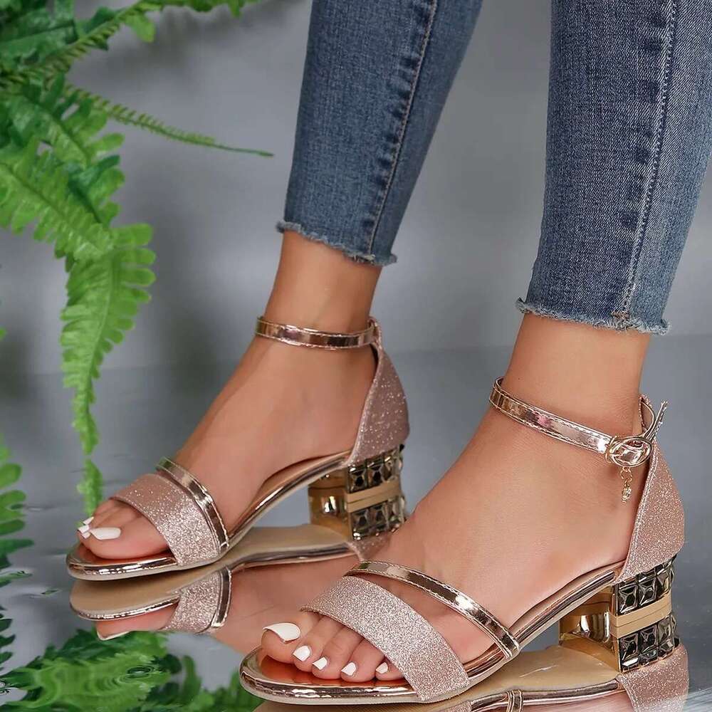 Sier Block Gold Low Heel Roman Sandals Party Weddings Pointed Toe Chic Elegant Woman Shoe Ladies Designer Sexy Evening