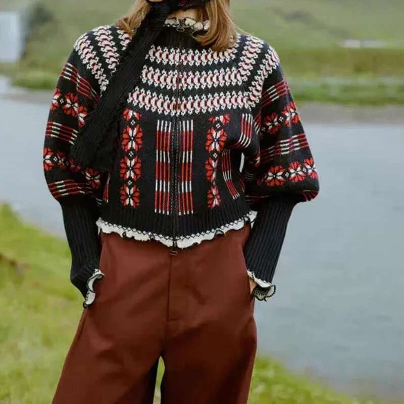 Women 2025 Autumn And Winter Retro Fair Isle Ruffle Stand Collar Double Zipper Balloon Sleeve Sweater Cardigan