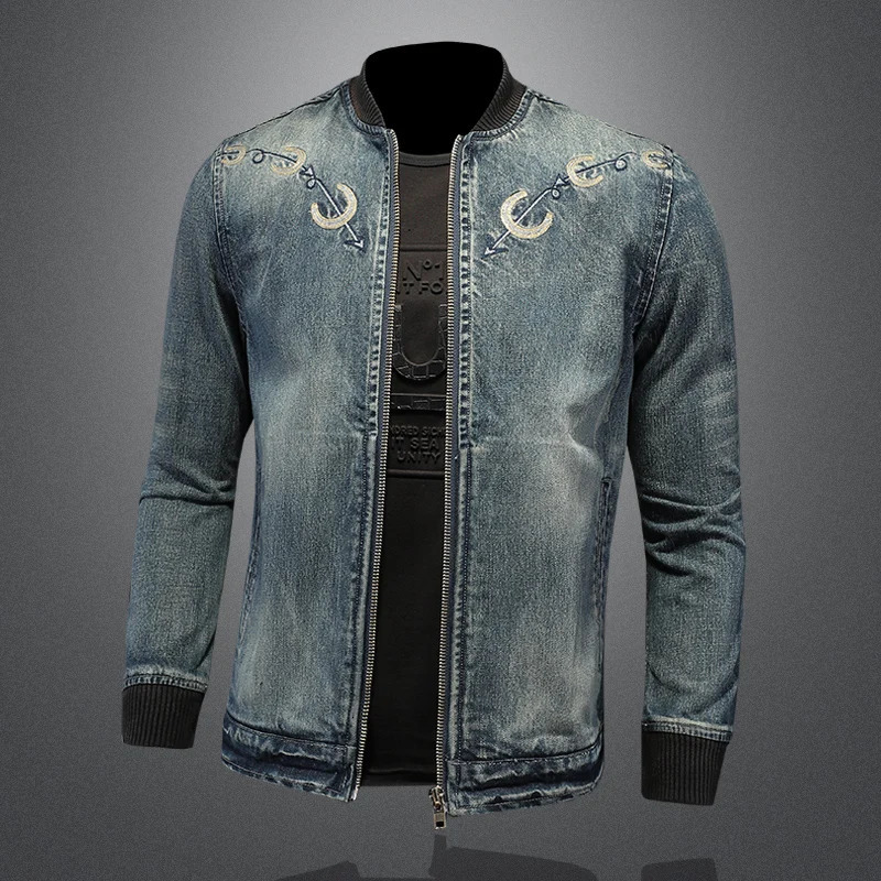 2024 High Quality Fashion Allinone Denim Jacket Handsome Trend Casual Horseshoe Embroidery Vintage Boutique 250304