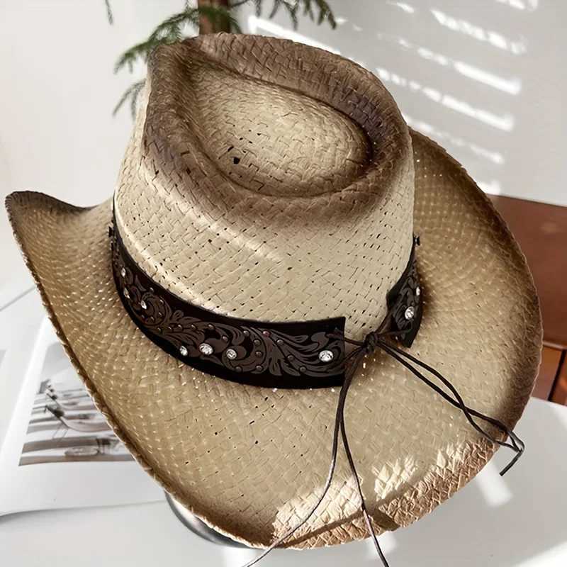 Diamond Belt Grass Knitted Knight Hat for Women Summer Outdoor Mountaineering Sunshade Sun Hat Western Cowboy Sunscreen Str HaXJ250304