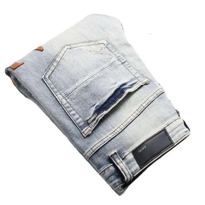 Retro Leather Jeans Holes American Elastic Slim Fashion Versatile Men's Pants Do Old Worn-Out Styles