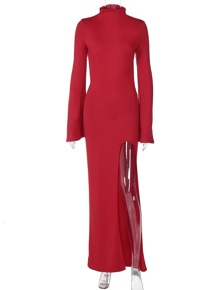 Hugcitar Turtleneck Solid Long Sleeve Backless Slit Sexy Slim Maxi Prom Dress Spring Women Clothes Birthday Party Y2K 250303 C260312