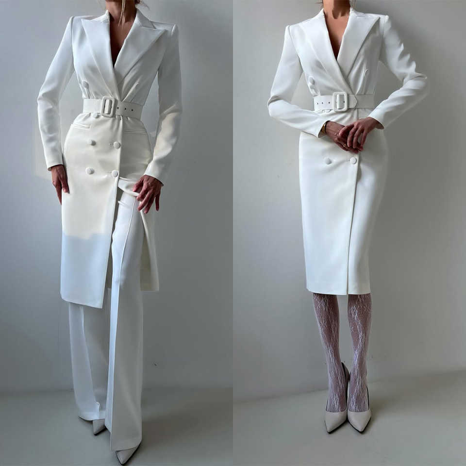 White Slim Women Pants Suits Ladies Long Jacket With Belt Formal Birthday Party Wear 2 Pieces Customized Coat