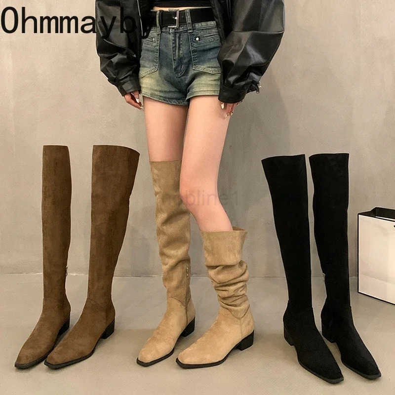 Designer Square Heel Streh Wen Over The Knee High Boots Autumn Winter Ladies Concise Long Botas De Mujer Z250304