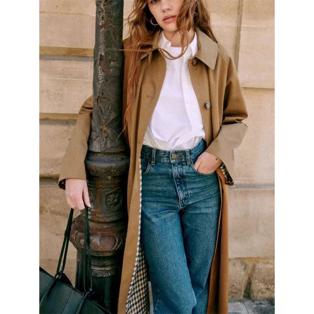Women French Contrast Color Plaid Long Trench Coat Single-Breasted Turn-Down Collar Lady Mid-Length Windbreaker Jacket Tops