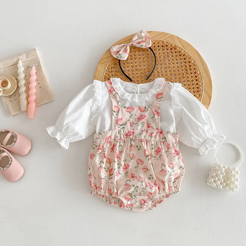 Spring and Autumn Baby Girls 2PCS Clothing Set Ruffled Cotton Shirt Flower Printed Shoulder Strap jumpsuit for Preschool Girls 250304