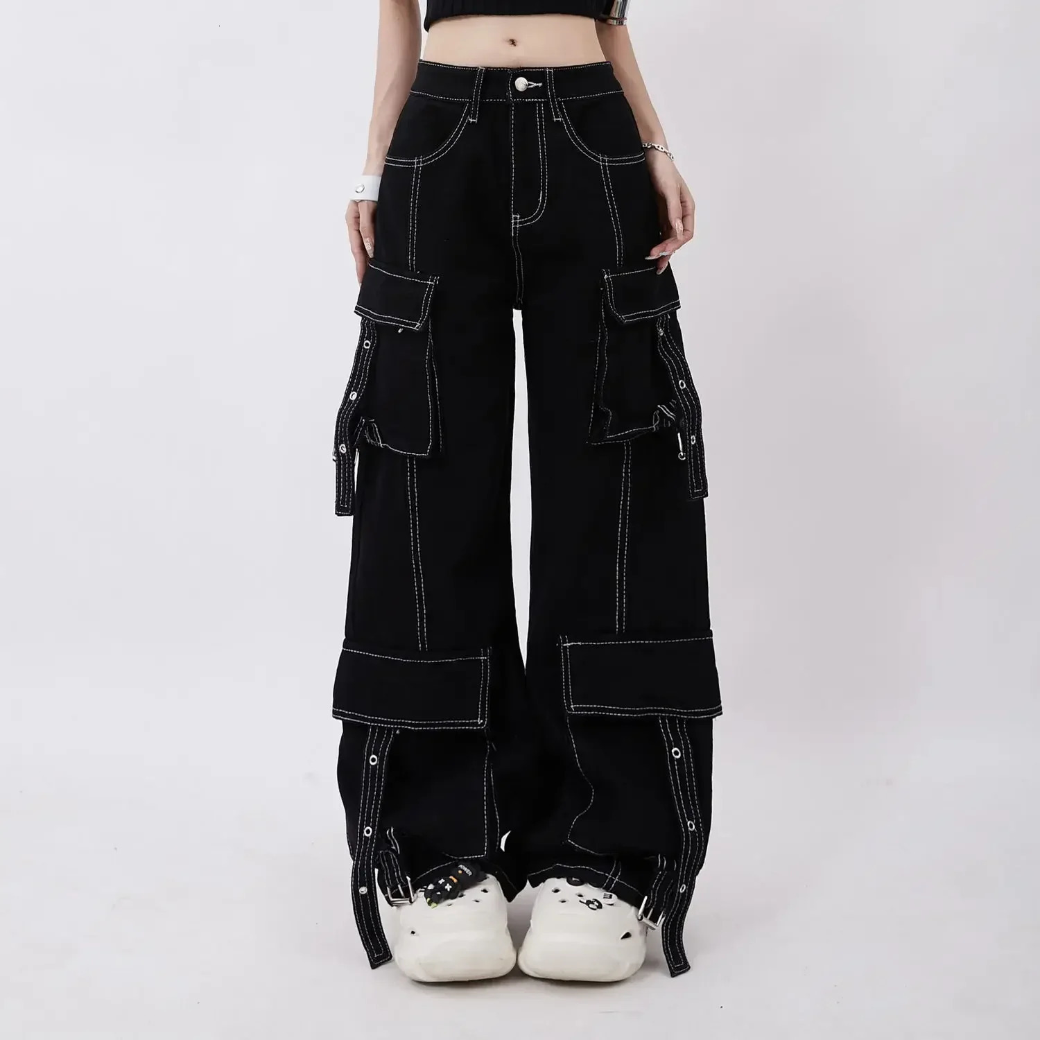 American Retro Dopamine Women Y2K Multi Pocket Overalls Decoration Trend Korean Fashion Leisure Straight Loose Wide Leg Pants 250227