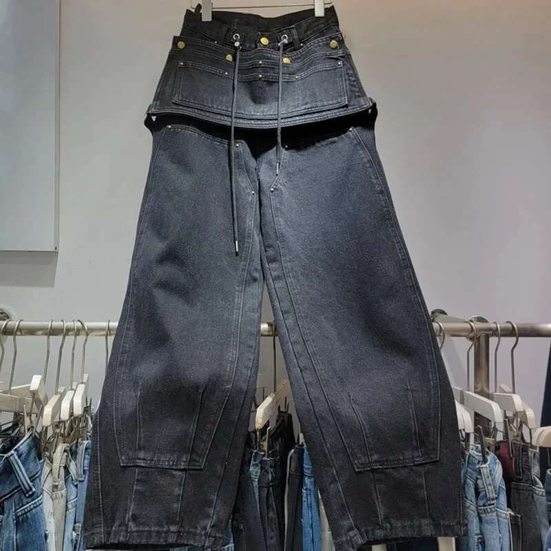 Women's Fashion Solid Color Loose Patchwork Causal Long Pants Pockets Drawstring Trousers Female 2025 Winter New