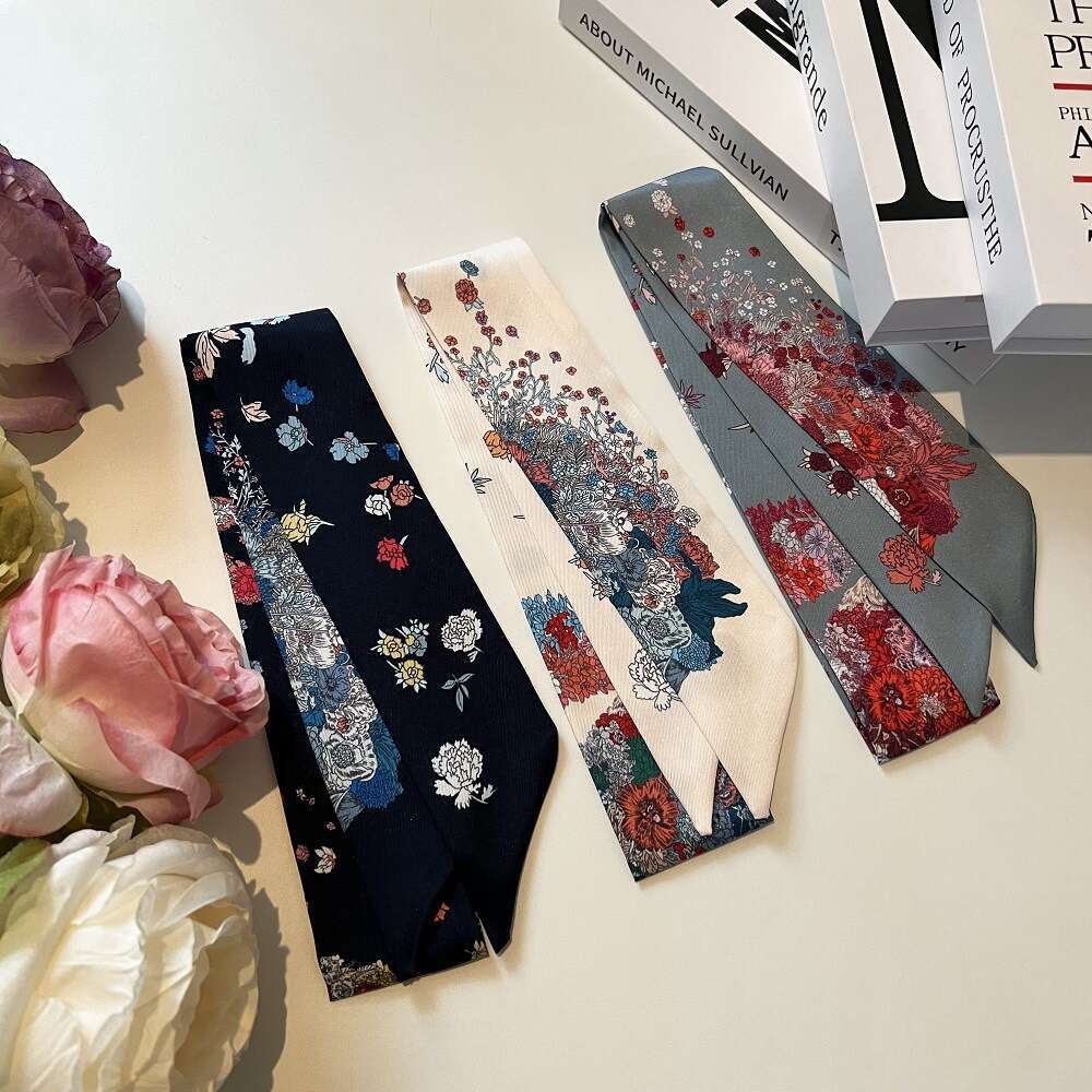 2024 New Narrow Summer Thin Women's Small Strip Clear Flower Clothes Silk Leisure Scarf Dual Use