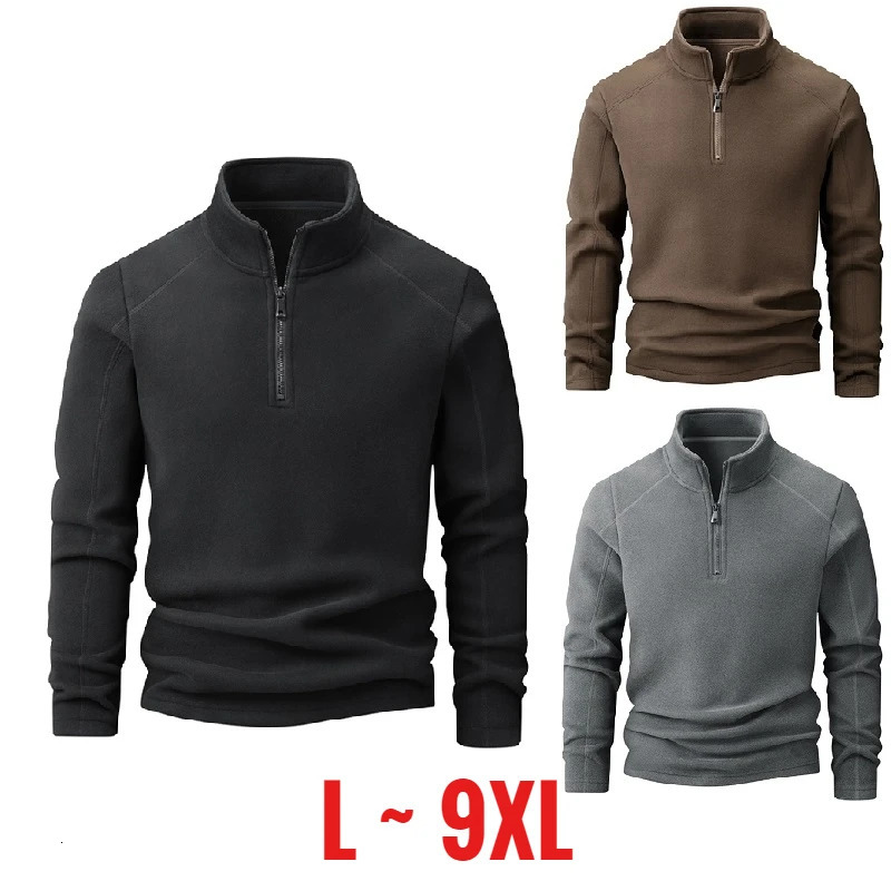 Large size winter sports shirt mens stand up collar warm pull half zipper polar wool big Plus 9XL loose fit 250304