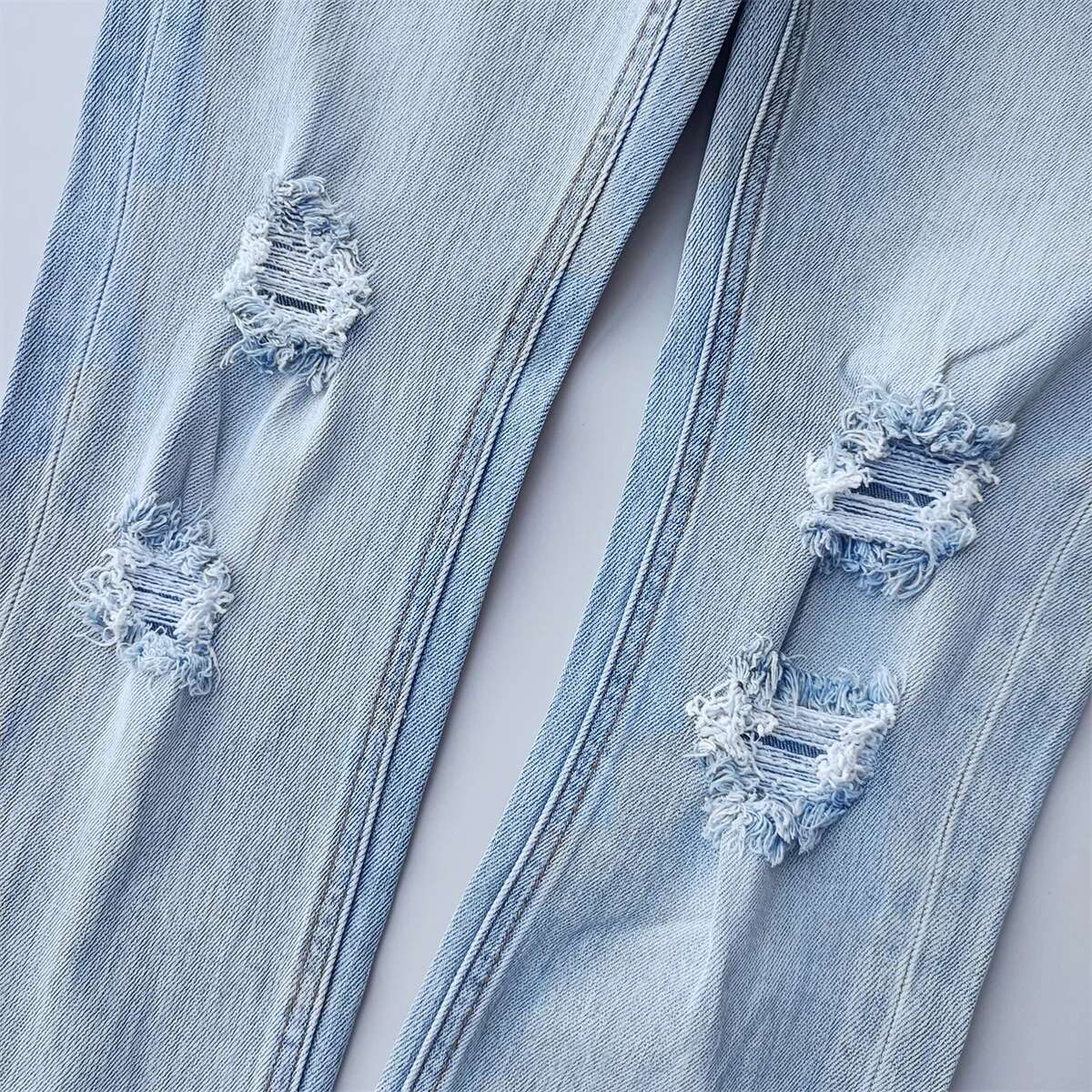 New KSUBI Cross Men High Street Wash Light Blue Hole Trend Low Rise Skinny Pants Daily Casual Ripped Frayed Jeans Brand