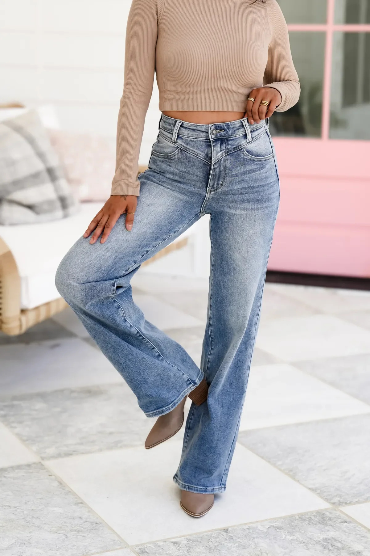 High Waist Solid Color Jeans Temperament Womens Washed Pants Casual Straight Suitable 250227