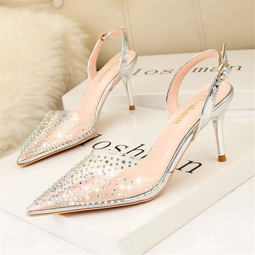 Rhie Fashion Transparent Sandals For Women Black Buckle High Heel Shoes Pointed Toe Crystal Shallow Ladies Dress Pumps