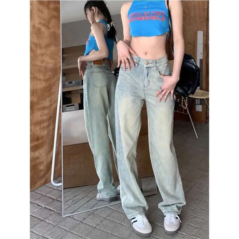 Casual High-Waisted Jeans Women's Straight-Leg Draped Pants American Style Vintage Wide-Leg Trousers Spring Autumn Season