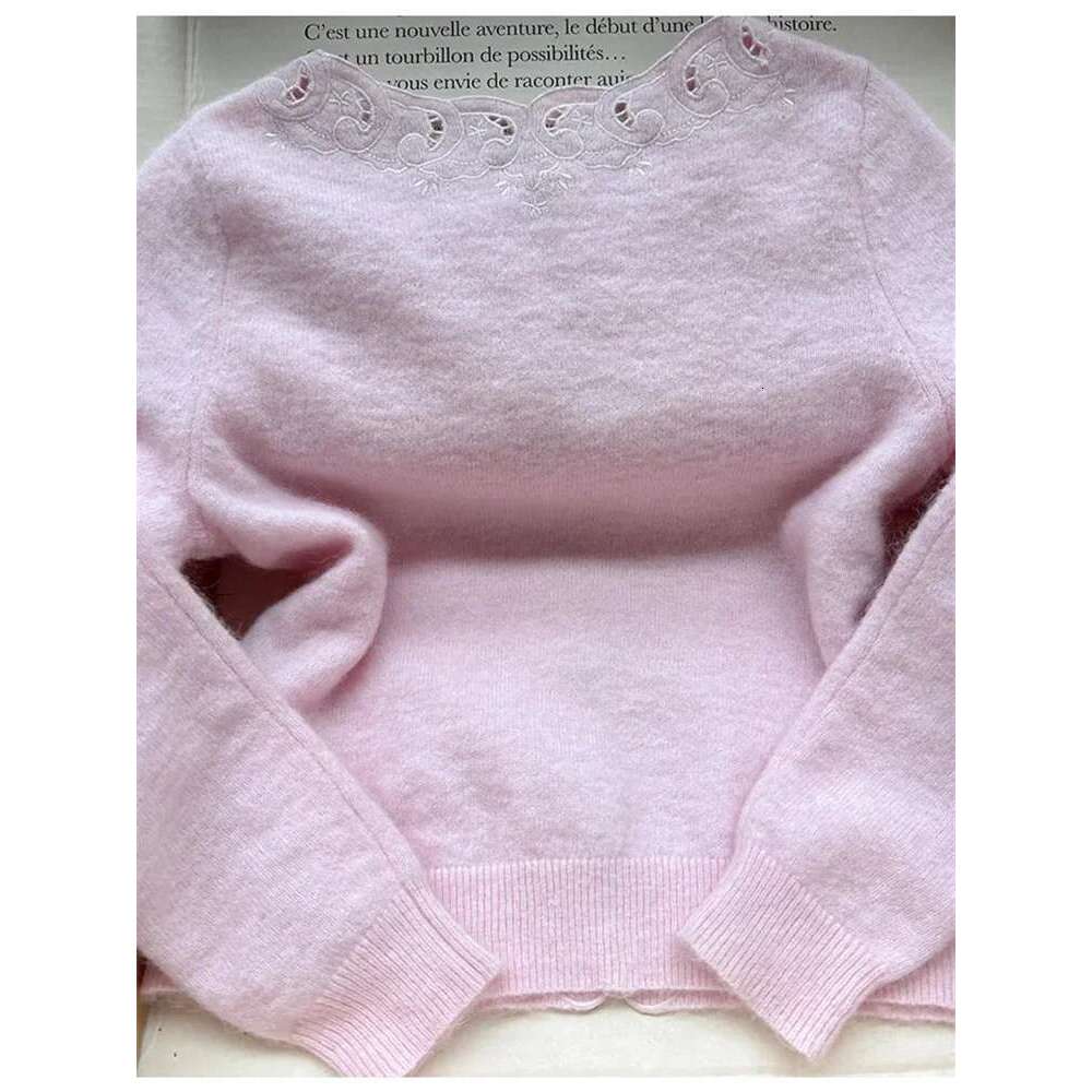 Women's Wool Blend Pink Cardigan Lace Embroidery Hollow Trim Ladies Single Breasted Long Sleeve Round Neck Sweater