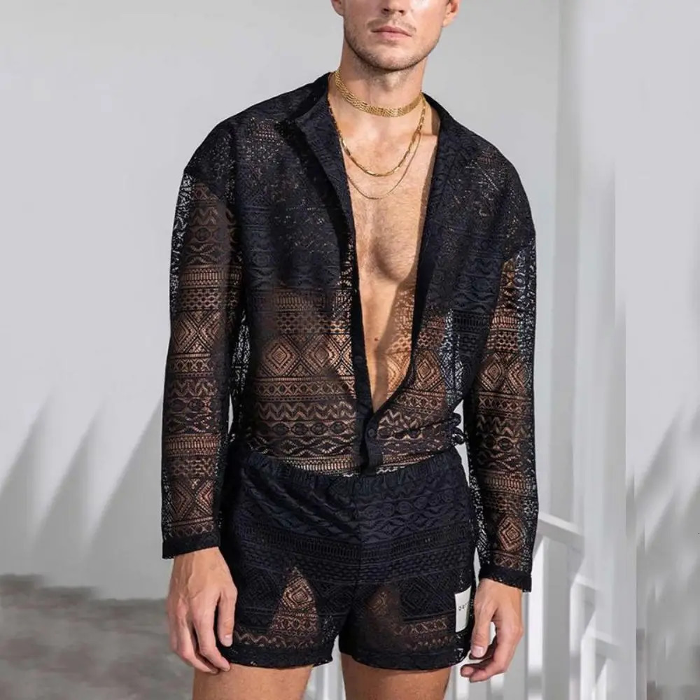 Mens Fashion Set Summer Hollow Out Sexy Lace Shorts Pattern Print Shirt Two Piece Suits Trendy Elegant Beach Clothes Outfits 250227