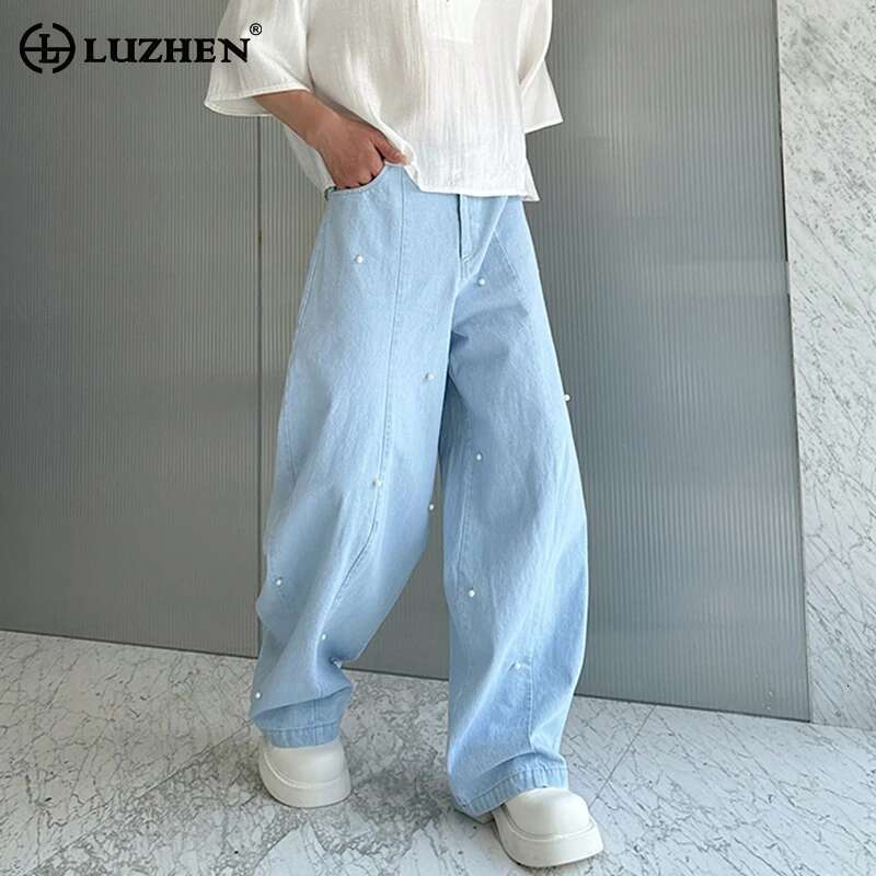 LUZHEN 2025 Stylish Plain Pearl Patchwork Design Casual Denim Pants Wide Leg Men's Street Baggy Trendy Straight Jeans New Lz3215