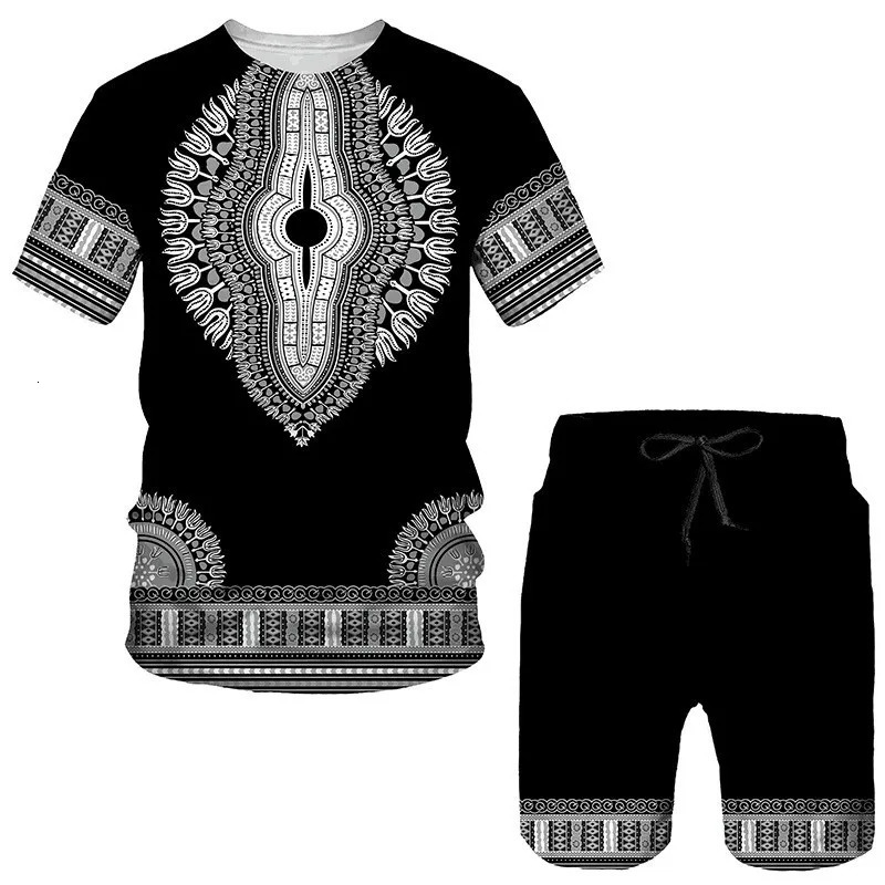 Summer Mens African Dashiki Culture Shorts Set 3D Tribal Printed Womens Short sleeve T-shirt Set Unisex Sports Casual Suit 250303
