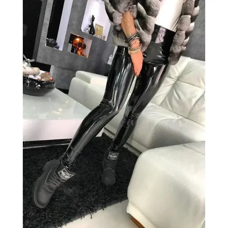 Sexy Black PU Leather Tights Women High Waist Pants High Elastic Slim Fashion Hip Liftting Leggings Skinny Plus Size Tights 250303