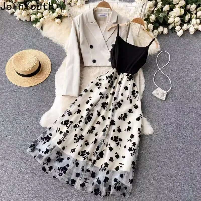 Temperament Women's Clothing 2 Piece Sets Double Breasted Crop Jacket Gauze Ral Tunic Dresses Outfits Fashion Korean Suit