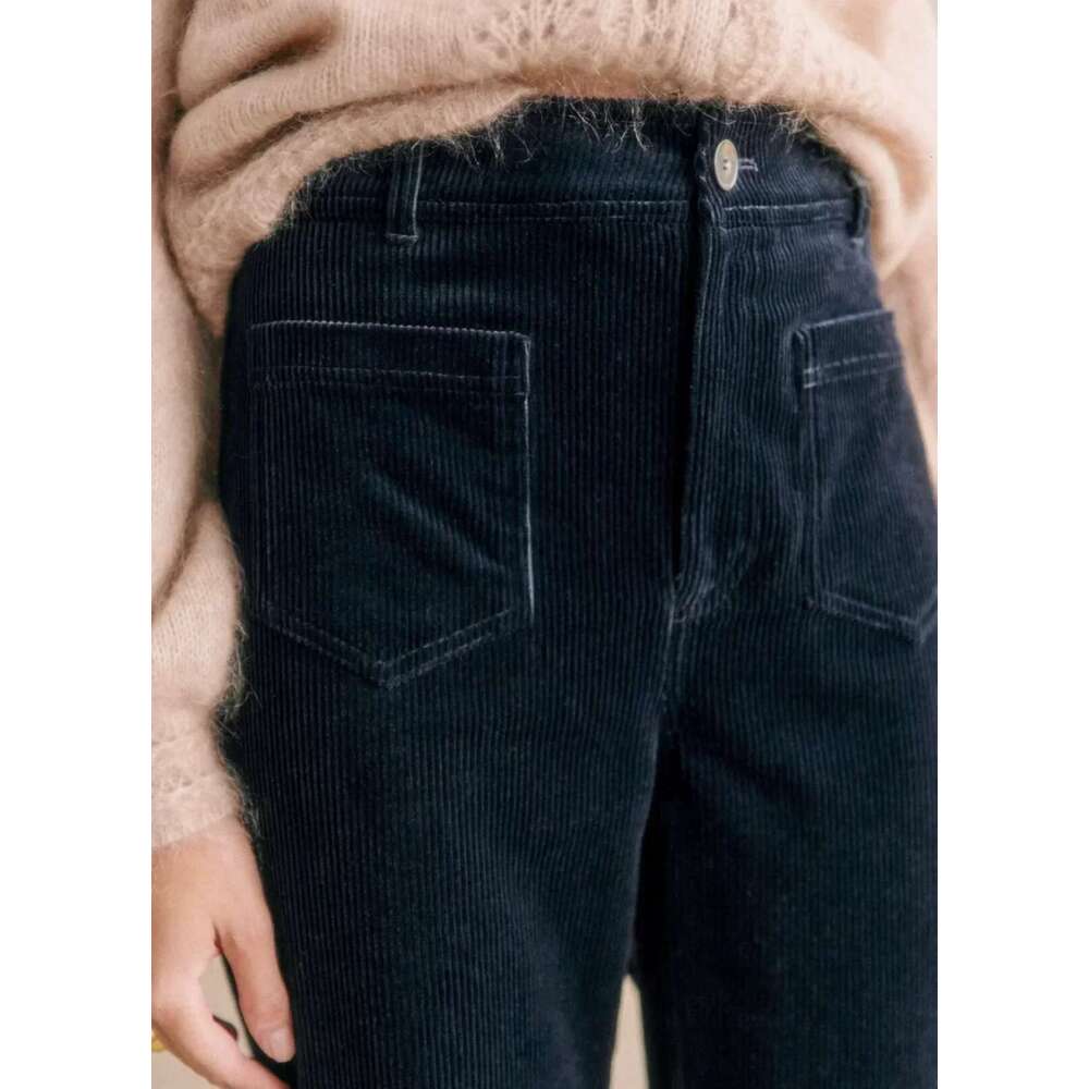 Women 2025 High-Waisted Double Pocket Corduroy Micro-Flared Wide-Leg Casual Pants