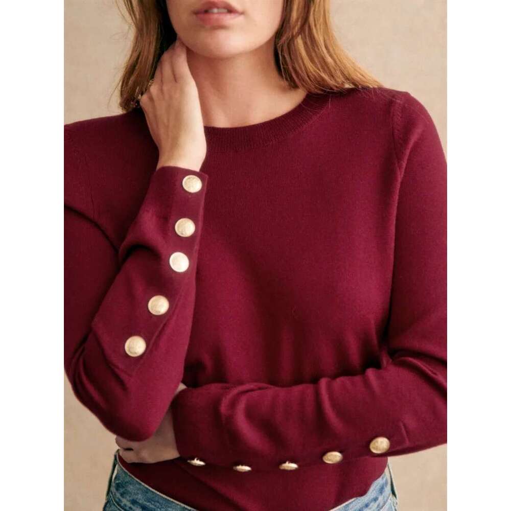 Slim Knit Bottoming Sweater Women Solid Color Cuffs Buttons O-Neck Long Sleeve Female All-Match Pullover
