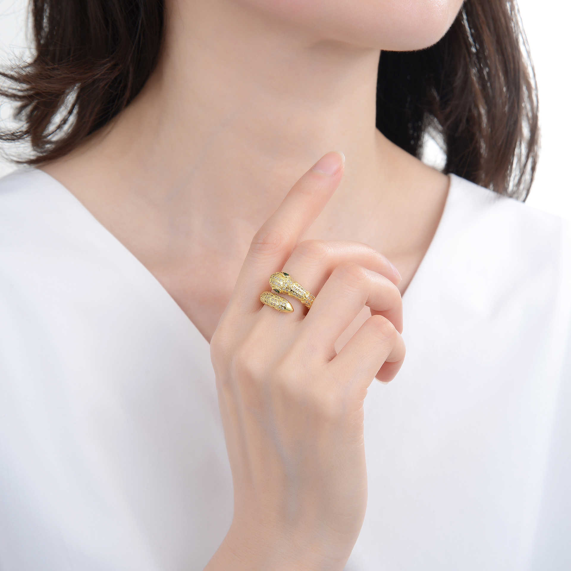 Couple Rings Fashion ins cool style common ring for men and women single ring snake scale flashing snake head CZ open ring H25303