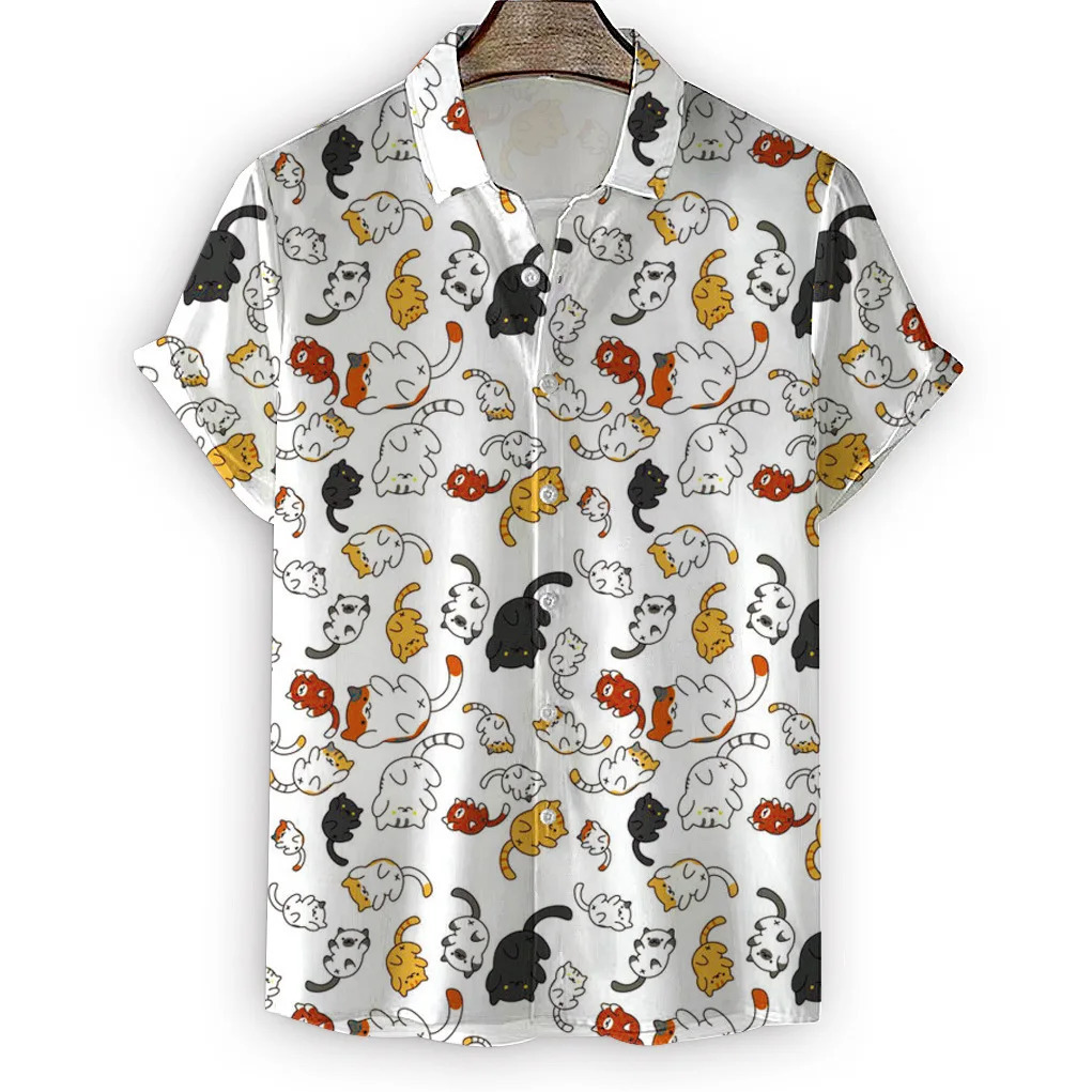 Summer high quality Mens Hawaiian Shirt 3D animal black cat Printed Short lapel Sleeve Big Size Hawaii Men Beach Floral Shirts 250227