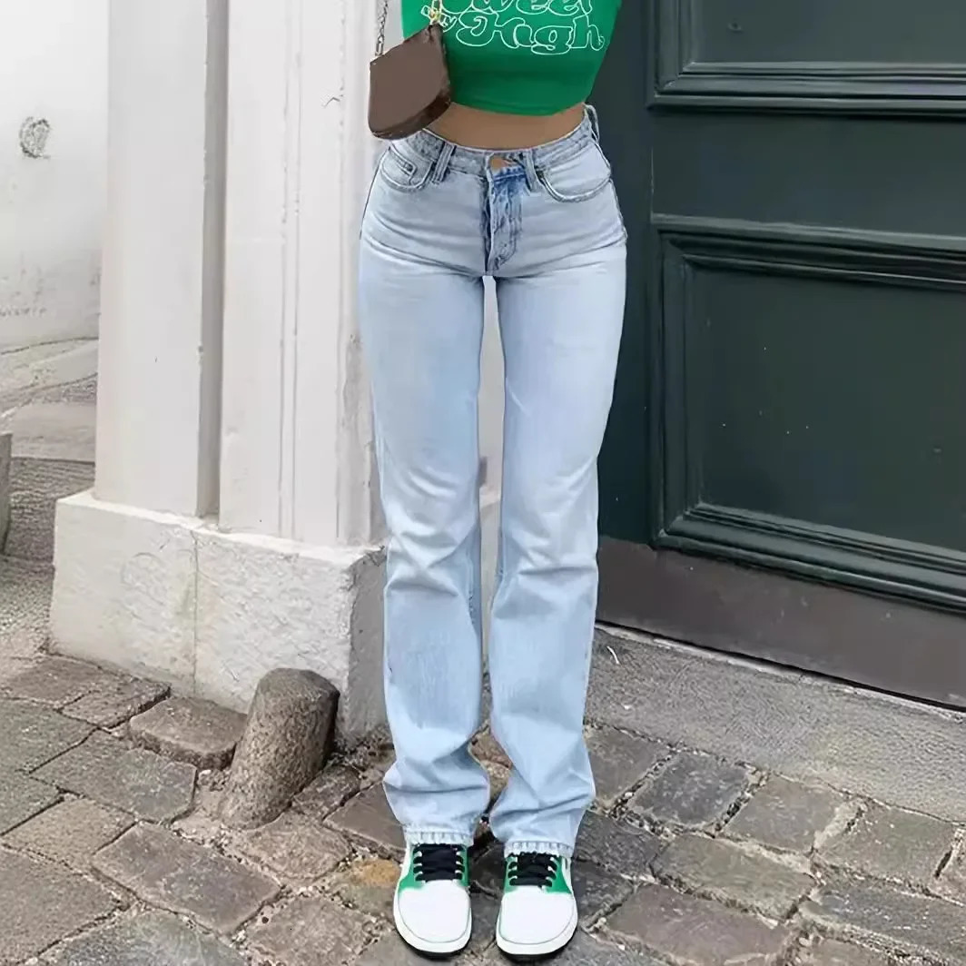 Jeans denim womens straight pants pockets high waist ankle length loose unsettling solid casual base retro 2024 250227