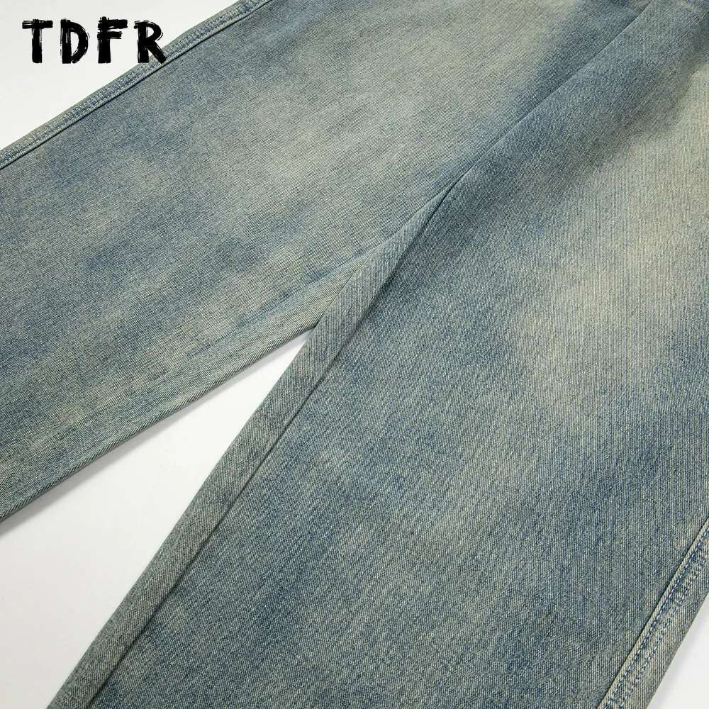 Pocket Washed Distressed Jacket Mens Retro Casual Streetwear Drawstring Elastic Waist Straight Wide Leg Denim Pants Men