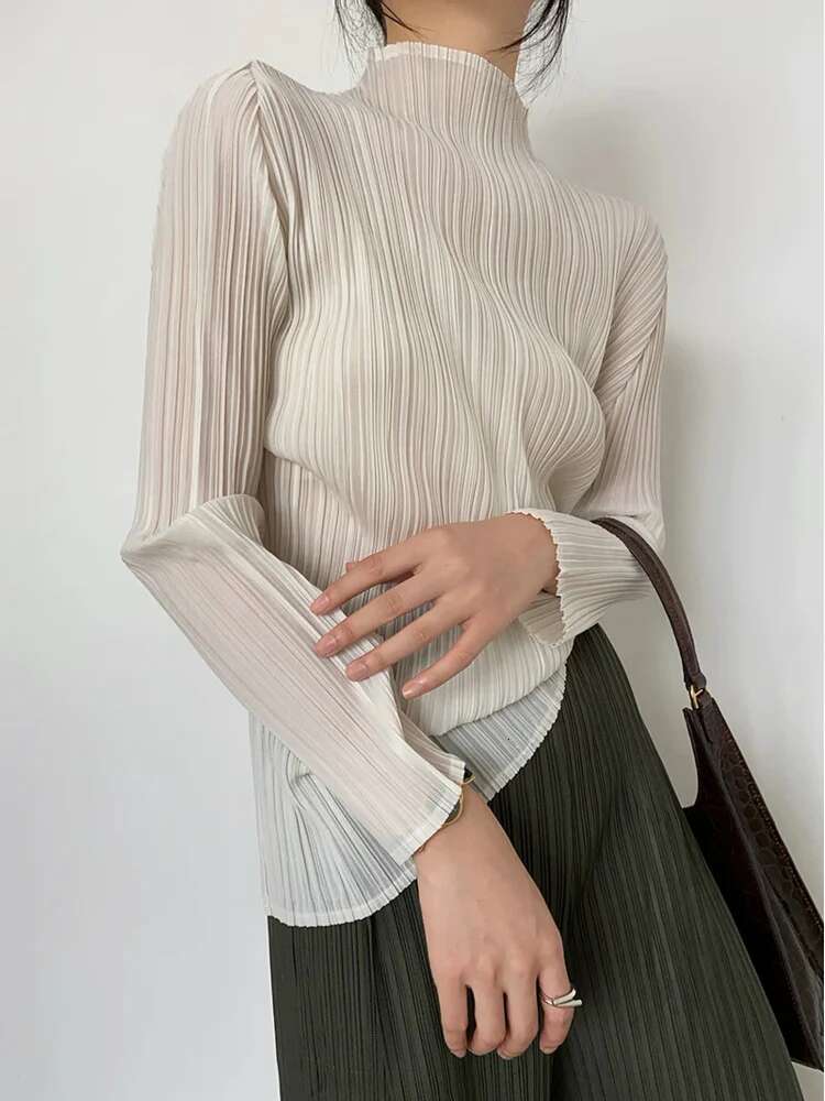 Miyake Pleated Women Shirt Tops 2023 Autumn Winter High Fashion Designer New Aesthetic Clothing Long Sleeve Turtleneck T-Shirt