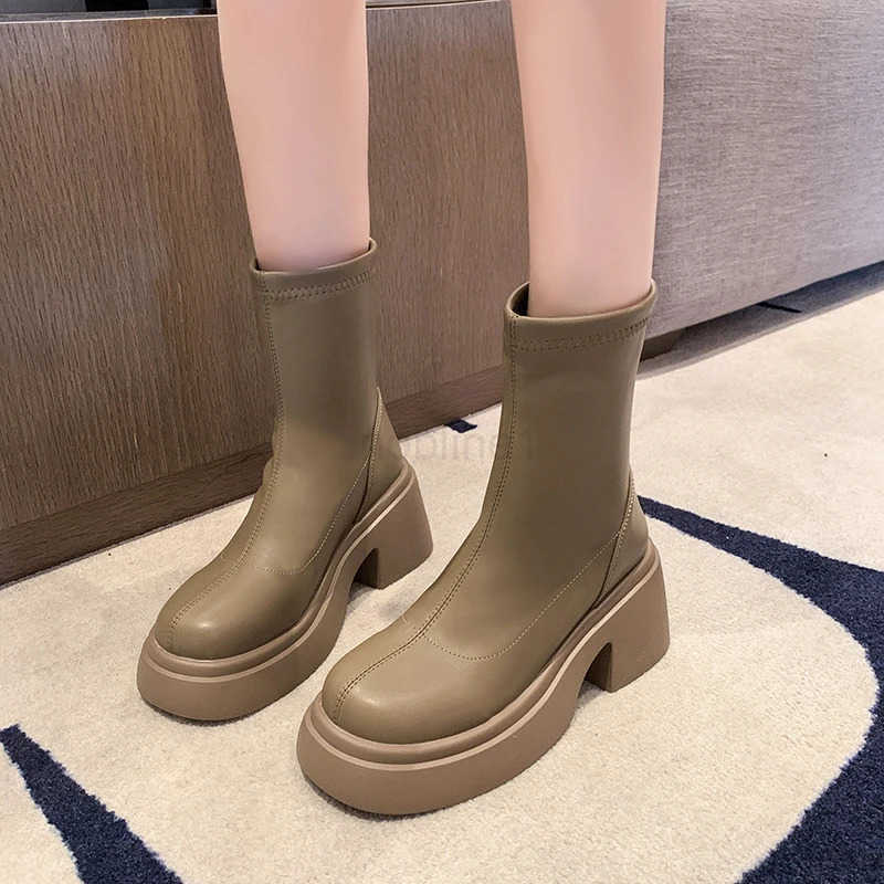 Ladies Shoes on S High Quality Zipper Wens Boots Autumn Round Toe Solid Short Barrel Platform Chunky H Fion Boots Z250304