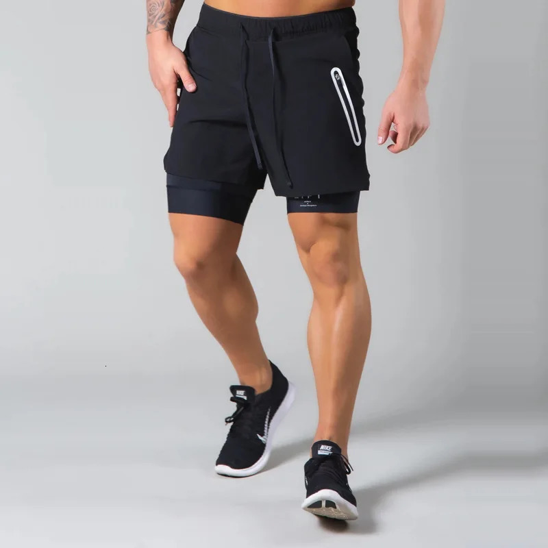Double layered fitness shorts for men summer quick drying breathable woven 2in1 training gym clothing 250224