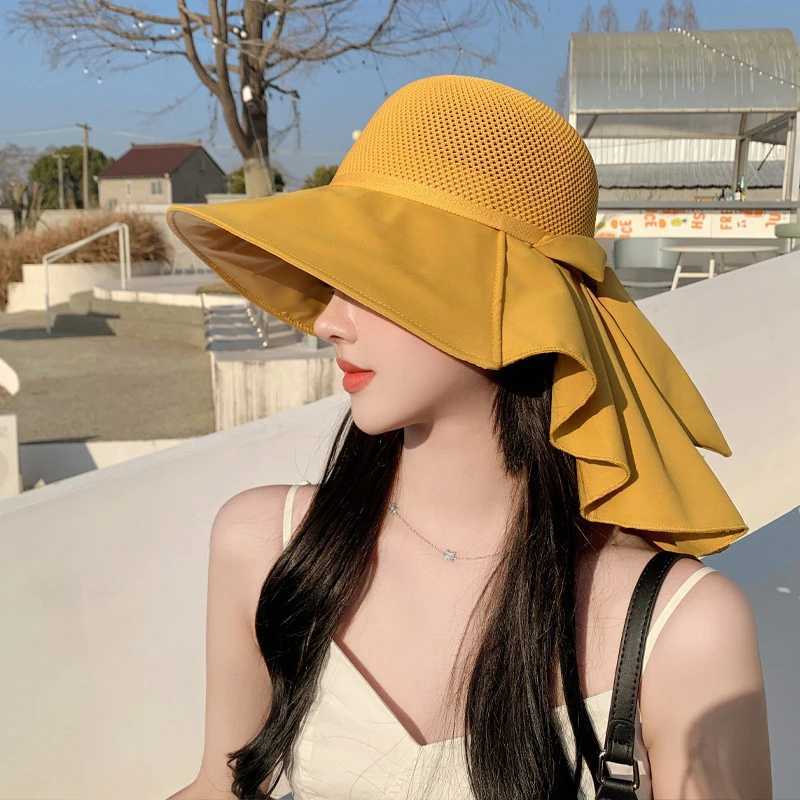 Summer Women Bucket Hat With Shl Lightweight Breathable Mesh Face Neck Protection Sun Hat Bow Pleat Beach C Design TravelXJ250304